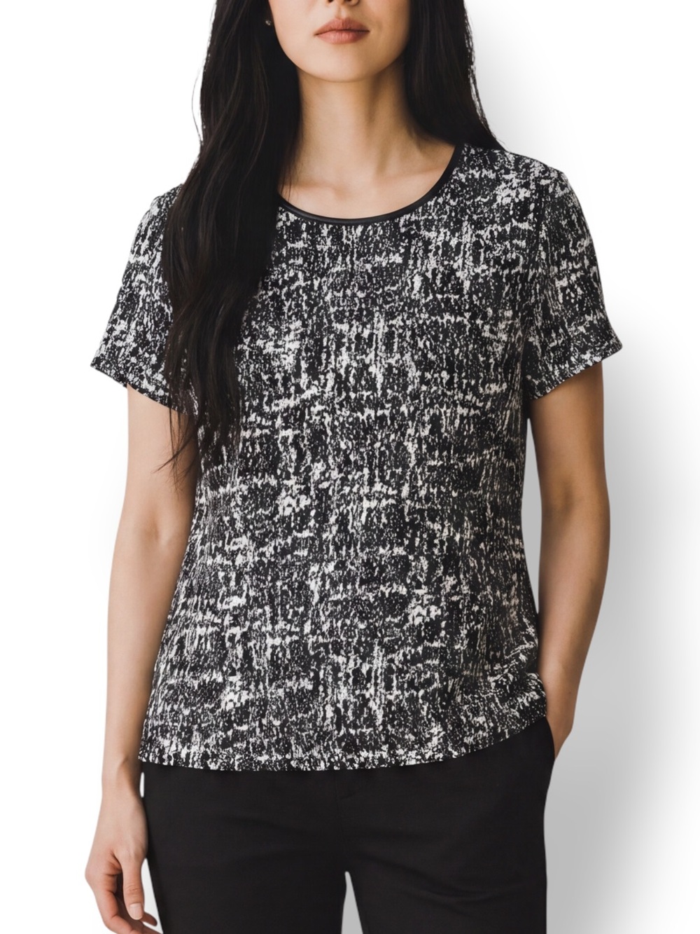 4/$20 Liz Claiborne Black White Textured Knit Top Faux Leather Trim Zip Back L